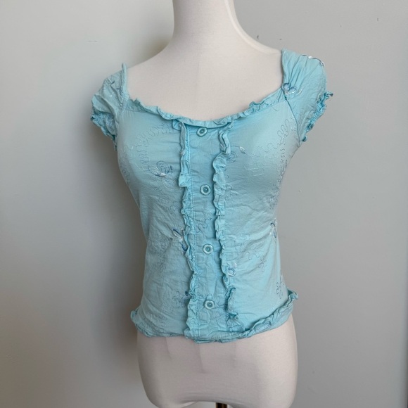 Y2K Light Blue Ruffled Women's Top milkmaid S coquette coastal cowgirl - Picture 3 of 5